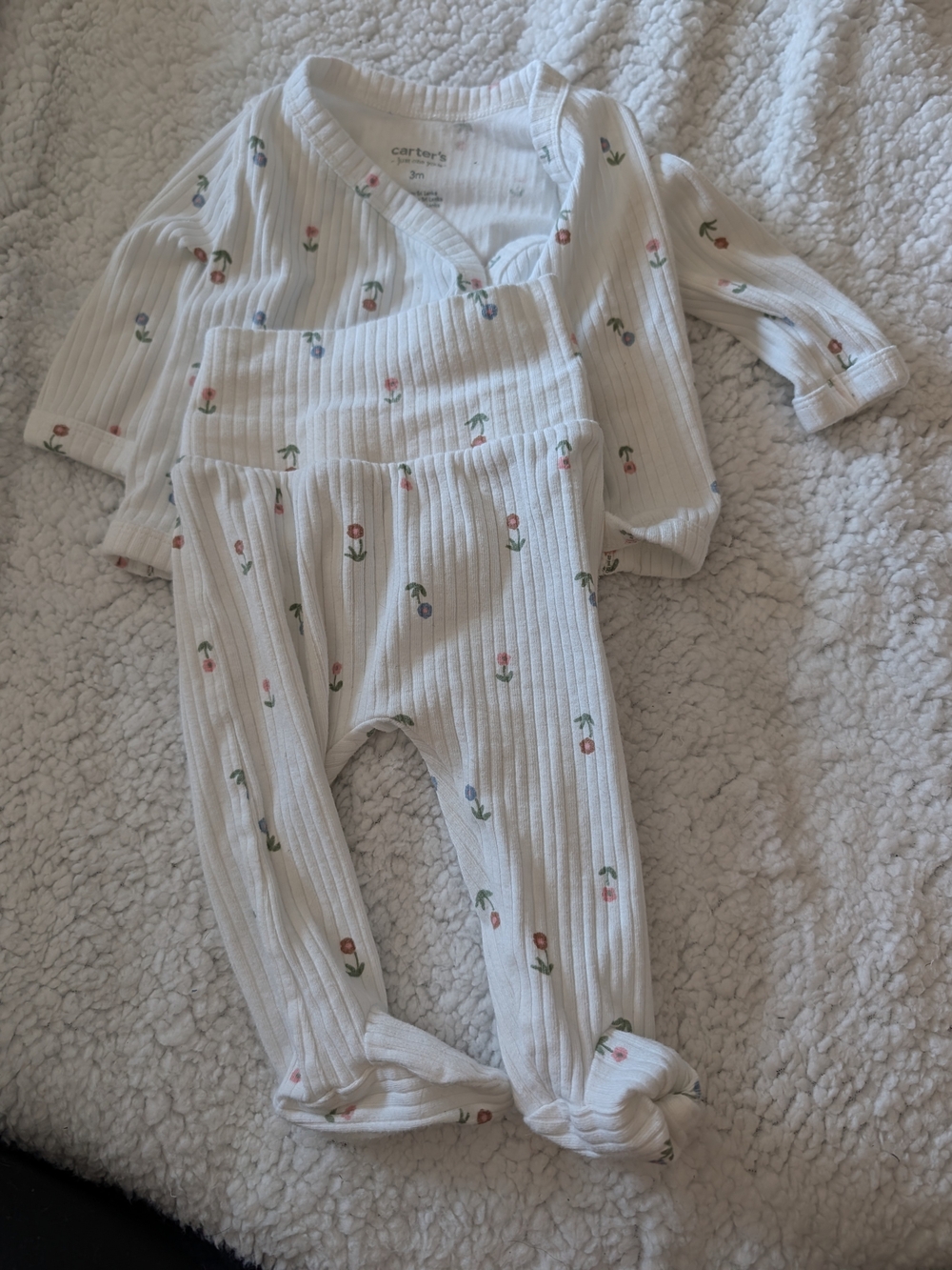 Carter's White Ribbed Floral Footed Outfit Set